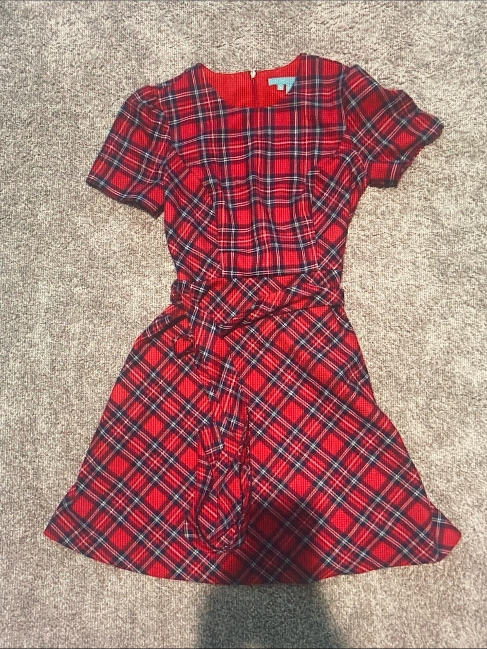 Draper James Red and Black Plaid Short-Sleeve Belted Fit-and-Flare Dress - Picture 1 of 4